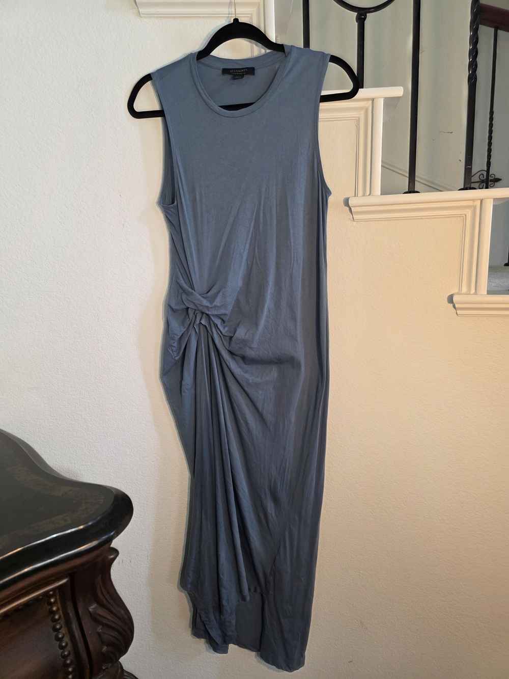 AllSaints Blue Draped Ruched Maxi Dress | Sleeveless | Size 8